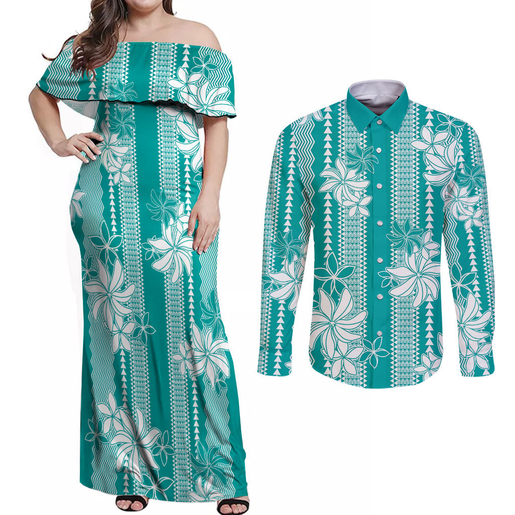 Hawaii Kakau Tribal Couples Matching Off Shoulder Maxi Dress and Long Sleeve Button Shirt With Teal Tiare LT05 Teal - Polynesian Pride