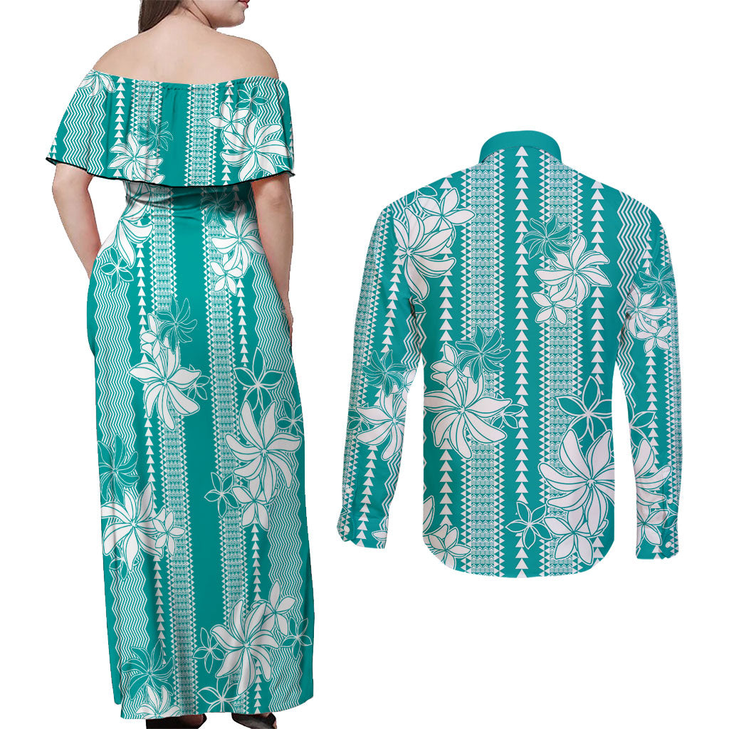 Hawaii Kakau Tribal Couples Matching Off Shoulder Maxi Dress and Long Sleeve Button Shirt With Teal Tiare LT05 - Polynesian Pride