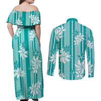 Hawaii Kakau Tribal Couples Matching Off Shoulder Maxi Dress and Long Sleeve Button Shirt With Teal Tiare LT05 - Polynesian Pride