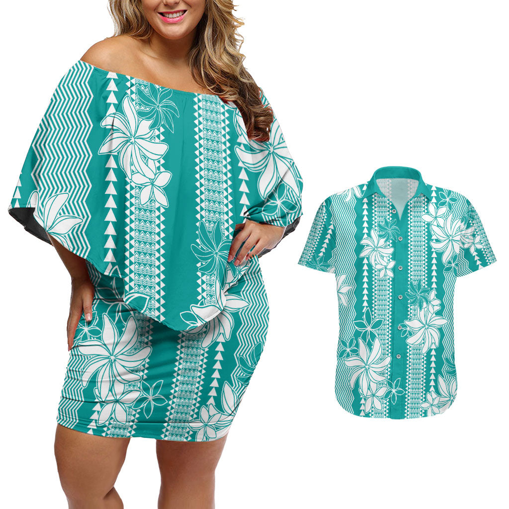 Hawaii Kakau Tribal Couples Matching Off Shoulder Short Dress and Hawaiian Shirt With Teal Tiare LT05 Teal - Polynesian Pride