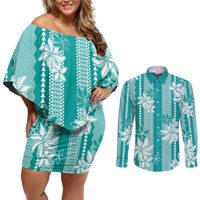 Hawaii Kakau Tribal Couples Matching Off Shoulder Short Dress and Long Sleeve Button Shirt With Teal Tiare LT05 Teal - Polynesian Pride