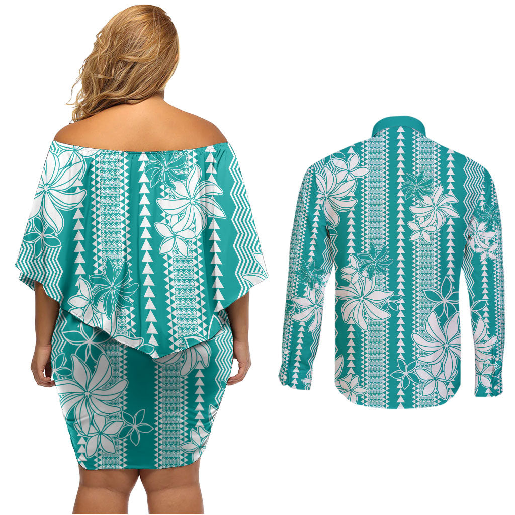 Hawaii Kakau Tribal Couples Matching Off Shoulder Short Dress and Long Sleeve Button Shirt With Teal Tiare LT05 - Polynesian Pride