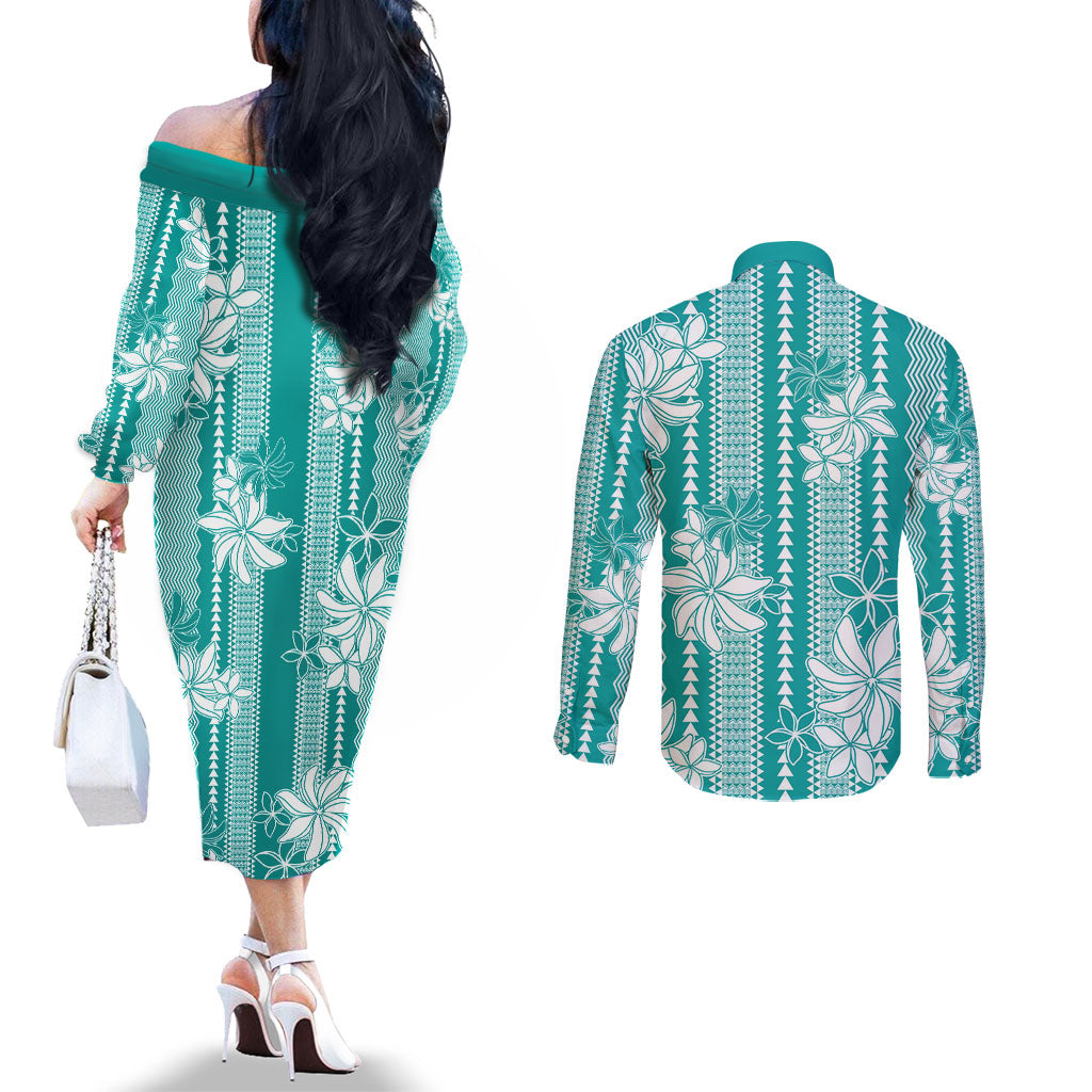 Hawaii Kakau Tribal Couples Matching Off The Shoulder Long Sleeve Dress and Long Sleeve Button Shirt With Teal Tiare LT05 - Polynesian Pride