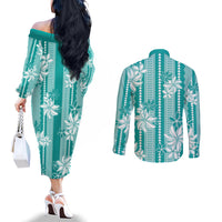 Hawaii Kakau Tribal Couples Matching Off The Shoulder Long Sleeve Dress and Long Sleeve Button Shirt With Teal Tiare LT05 - Polynesian Pride