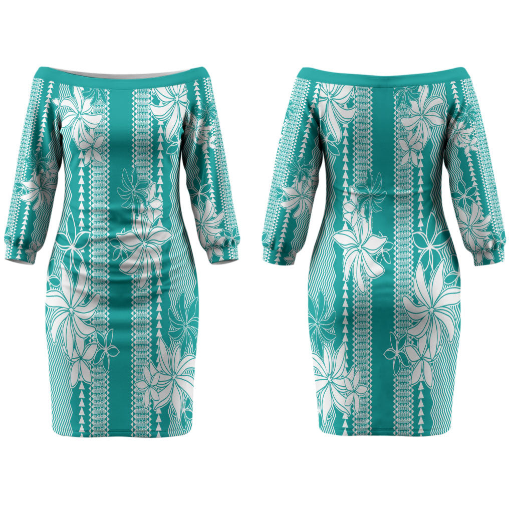 Hawaii Kakau Tribal Couples Matching Off The Shoulder Long Sleeve Dress and Long Sleeve Button Shirt With Teal Tiare LT05 - Polynesian Pride