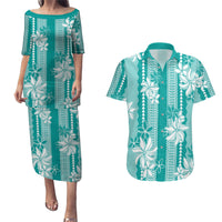 Hawaii Kakau Tribal Couples Matching Puletasi and Hawaiian Shirt With Teal Tiare LT05 Teal - Polynesian Pride