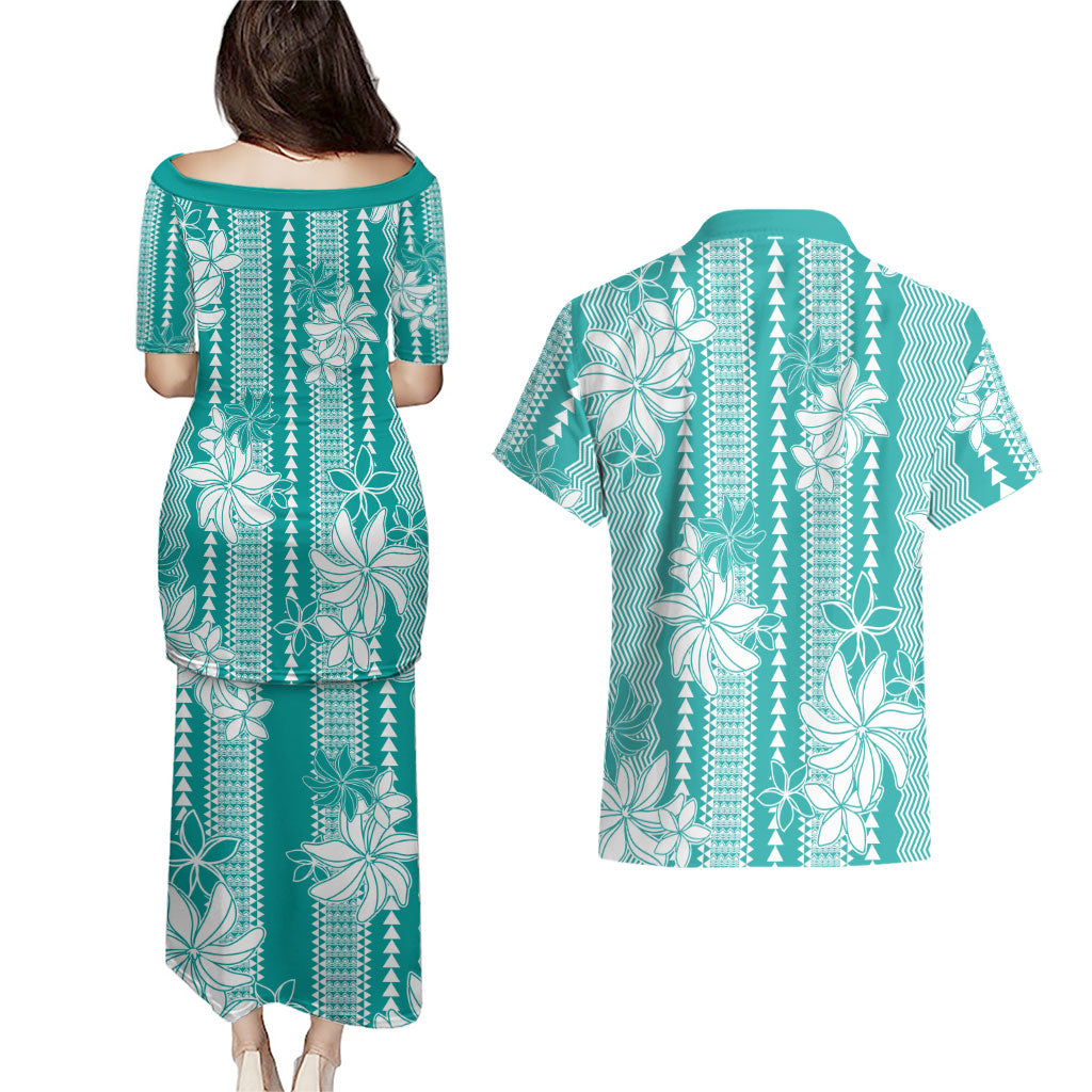 Hawaii Kakau Tribal Couples Matching Puletasi and Hawaiian Shirt With Teal Tiare LT05 - Polynesian Pride