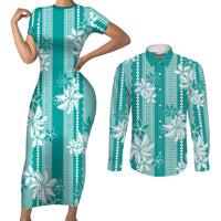 Hawaii Kakau Tribal Couples Matching Short Sleeve Bodycon Dress and Long Sleeve Button Shirt With Teal Tiare LT05 Teal - Polynesian Pride