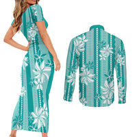 Hawaii Kakau Tribal Couples Matching Short Sleeve Bodycon Dress and Long Sleeve Button Shirt With Teal Tiare LT05 - Polynesian Pride