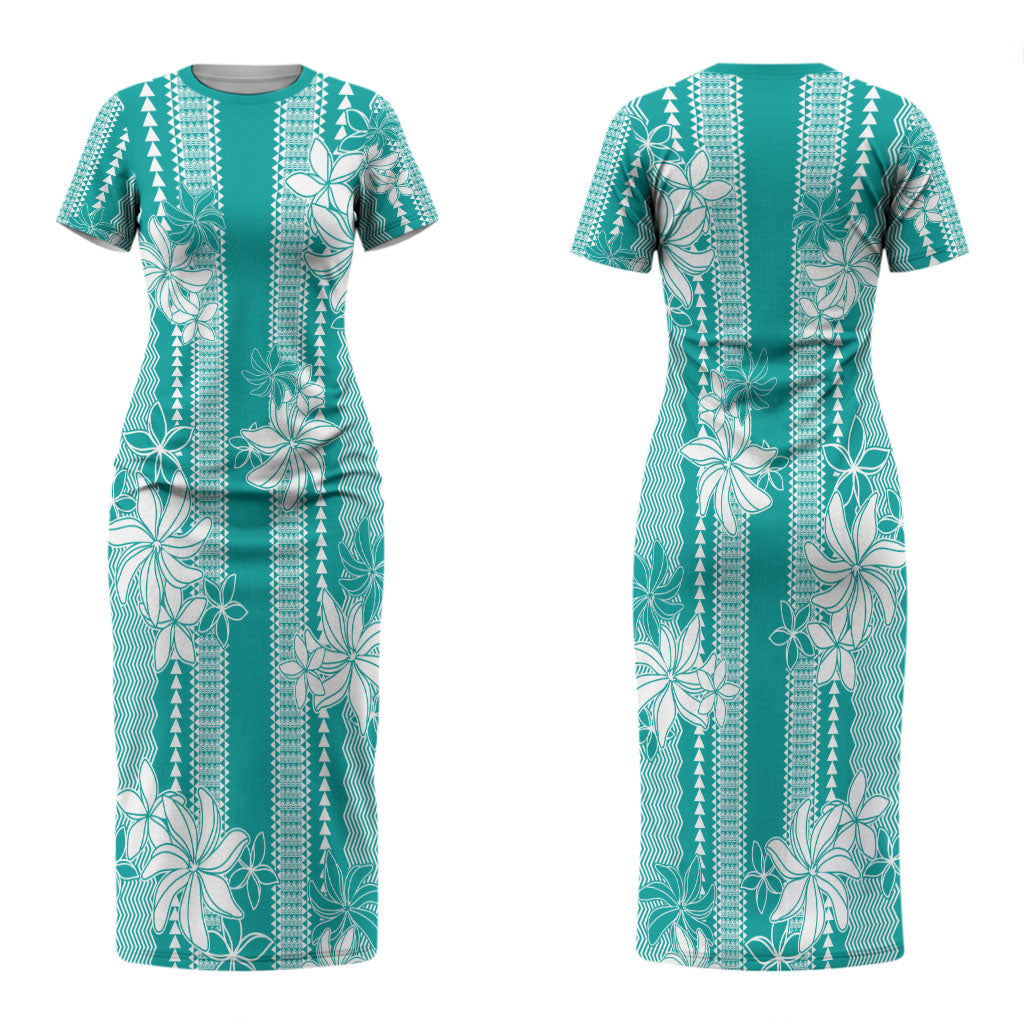Hawaii Kakau Tribal Couples Matching Short Sleeve Bodycon Dress and Long Sleeve Button Shirt With Teal Tiare LT05 - Polynesian Pride