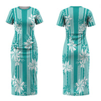 Hawaii Kakau Tribal Couples Matching Short Sleeve Bodycon Dress and Long Sleeve Button Shirt With Teal Tiare LT05 - Polynesian Pride