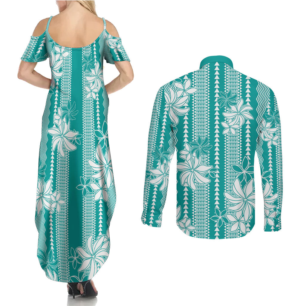 Hawaii Kakau Tribal Couples Matching Summer Maxi Dress and Long Sleeve Button Shirt With Teal Tiare LT05 - Polynesian Pride