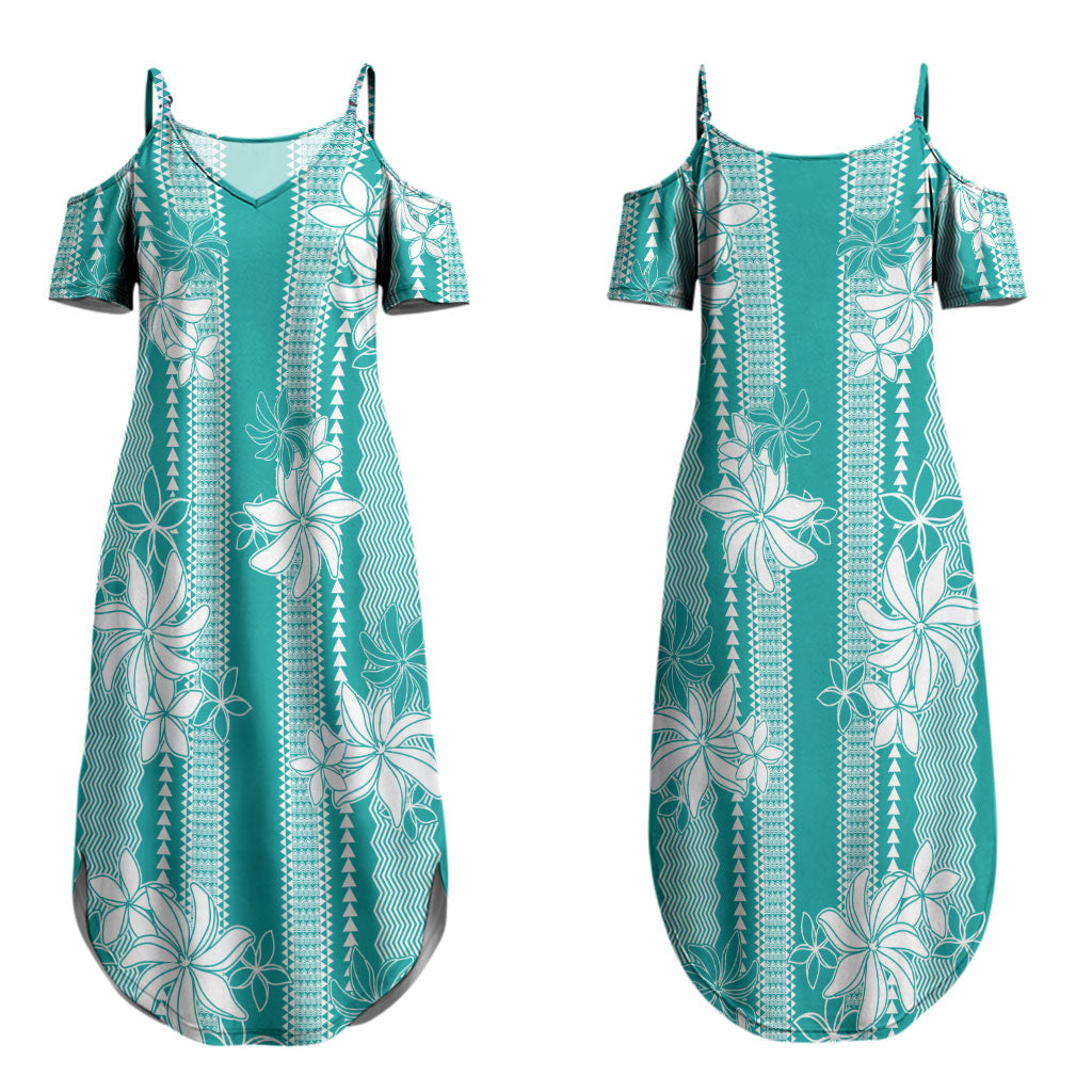 Hawaii Kakau Tribal Couples Matching Summer Maxi Dress and Long Sleeve Button Shirt With Teal Tiare LT05 - Polynesian Pride