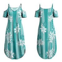 Hawaii Kakau Tribal Couples Matching Summer Maxi Dress and Long Sleeve Button Shirt With Teal Tiare LT05 - Polynesian Pride