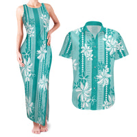 Hawaii Kakau Tribal Couples Matching Tank Maxi Dress and Hawaiian Shirt With Teal Tiare LT05 Teal - Polynesian Pride