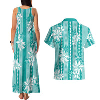 Hawaii Kakau Tribal Couples Matching Tank Maxi Dress and Hawaiian Shirt With Teal Tiare LT05 - Polynesian Pride