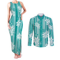 Hawaii Kakau Tribal Couples Matching Tank Maxi Dress and Long Sleeve Button Shirt With Teal Tiare LT05 Teal - Polynesian Pride