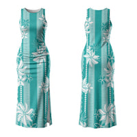 Hawaii Kakau Tribal Couples Matching Tank Maxi Dress and Long Sleeve Button Shirt With Teal Tiare LT05 - Polynesian Pride
