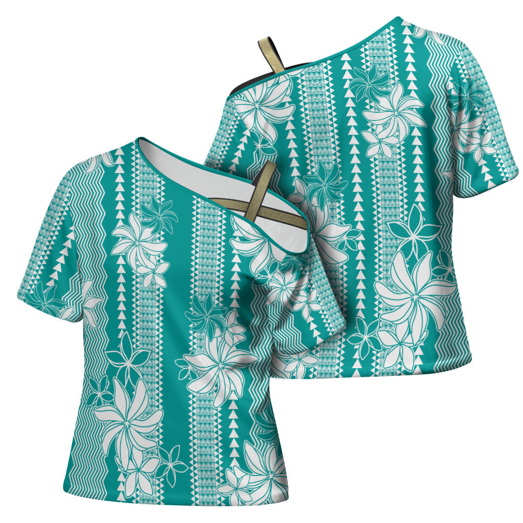 Hawaii Kakau Tribal Cross Shoulder Shirt With Teal Tiare