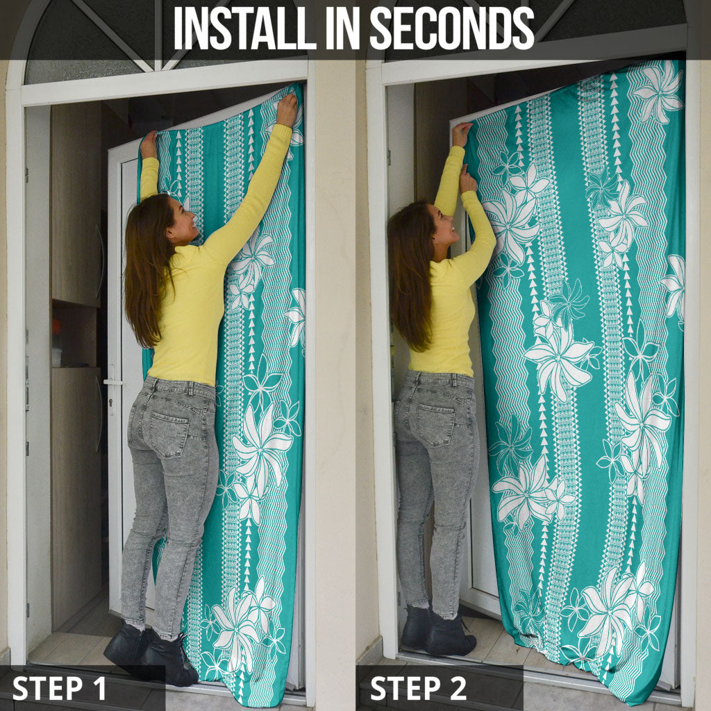 Hawaii Kakau Tribal Door Cover With Teal Tiare