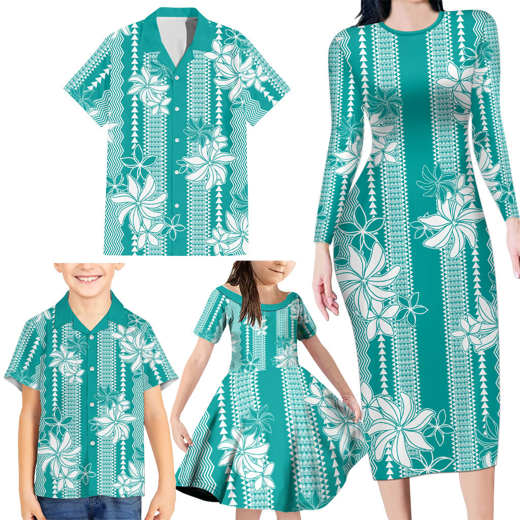 Hawaii Kakau Tribal Family Matching Long Sleeve Bodycon Dress and Hawaiian Shirt With Teal Tiare LT05 - Polynesian Pride