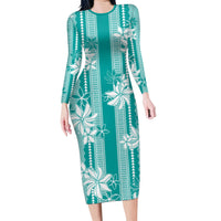 Hawaii Kakau Tribal Family Matching Long Sleeve Bodycon Dress and Hawaiian Shirt With Teal Tiare LT05 Mom's Dress Teal - Polynesian Pride