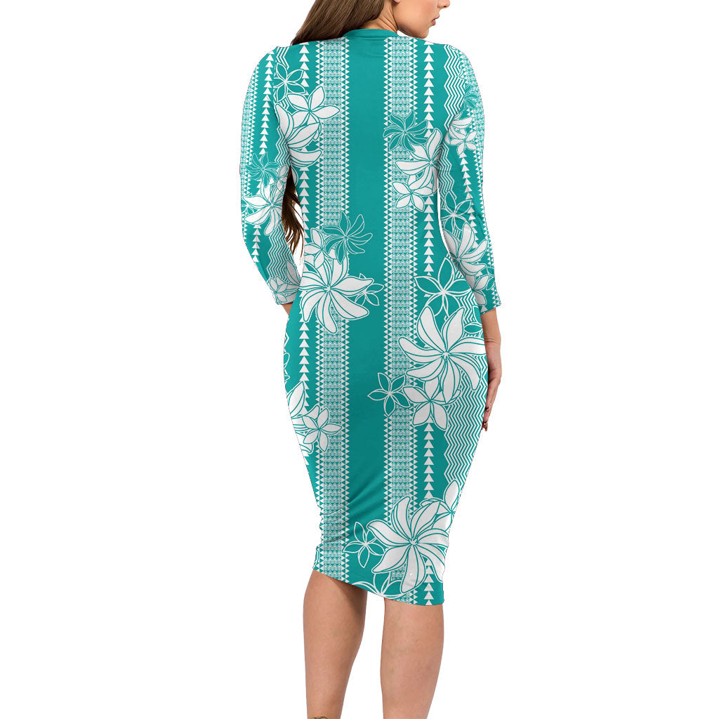 Hawaii Kakau Tribal Family Matching Long Sleeve Bodycon Dress and Hawaiian Shirt With Teal Tiare LT05 - Polynesian Pride