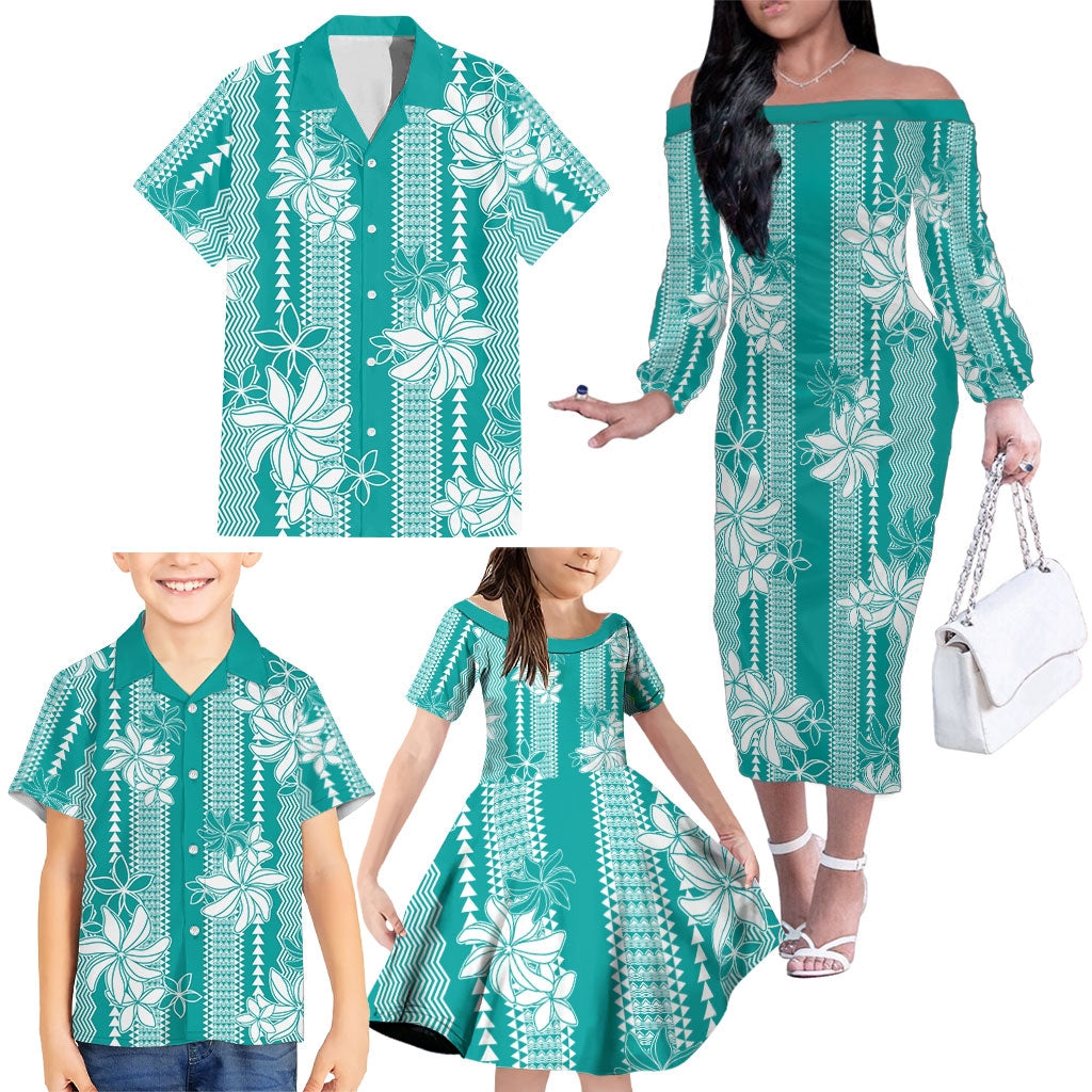 Hawaii Kakau Tribal Family Matching Off The Shoulder Long Sleeve Dress and Hawaiian Shirt With Teal Tiare LT05 - Polynesian Pride