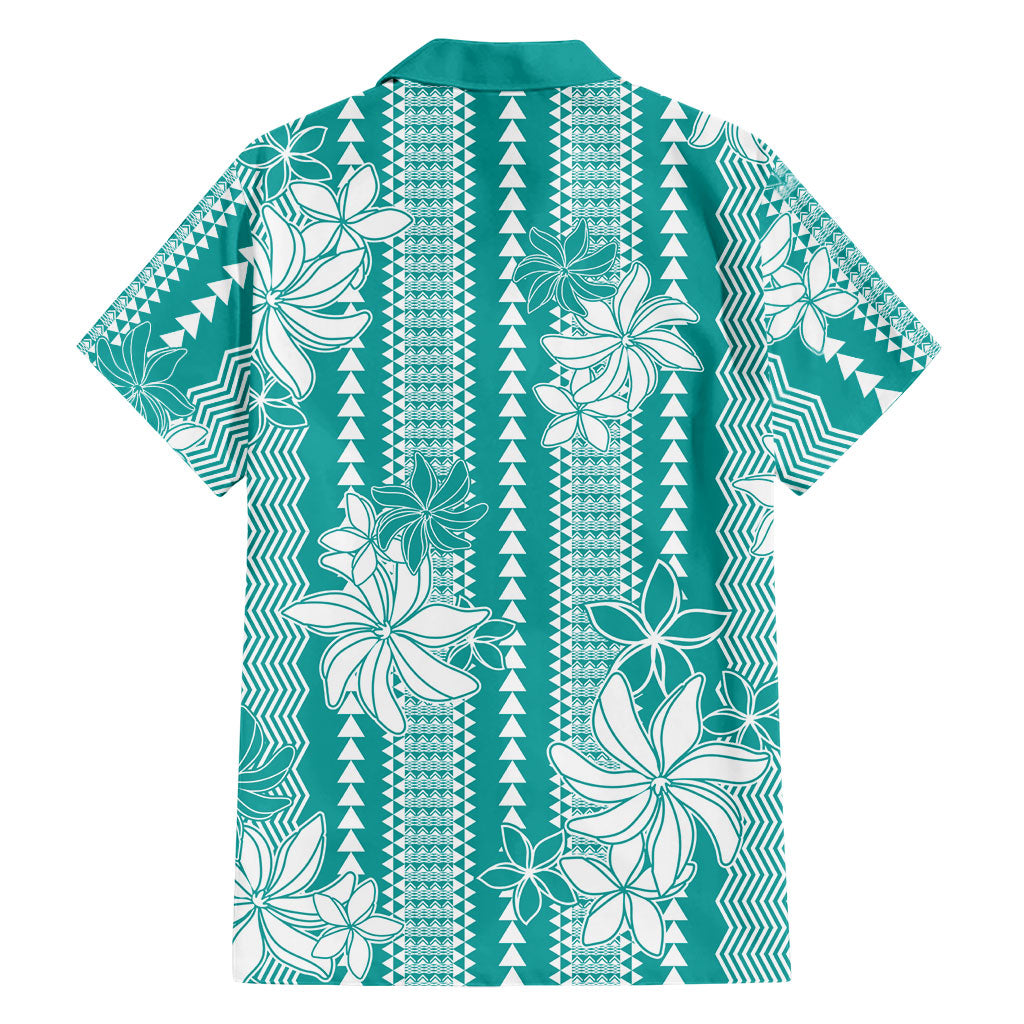 Hawaii Kakau Tribal Family Matching Off The Shoulder Long Sleeve Dress and Hawaiian Shirt With Teal Tiare LT05 - Polynesian Pride