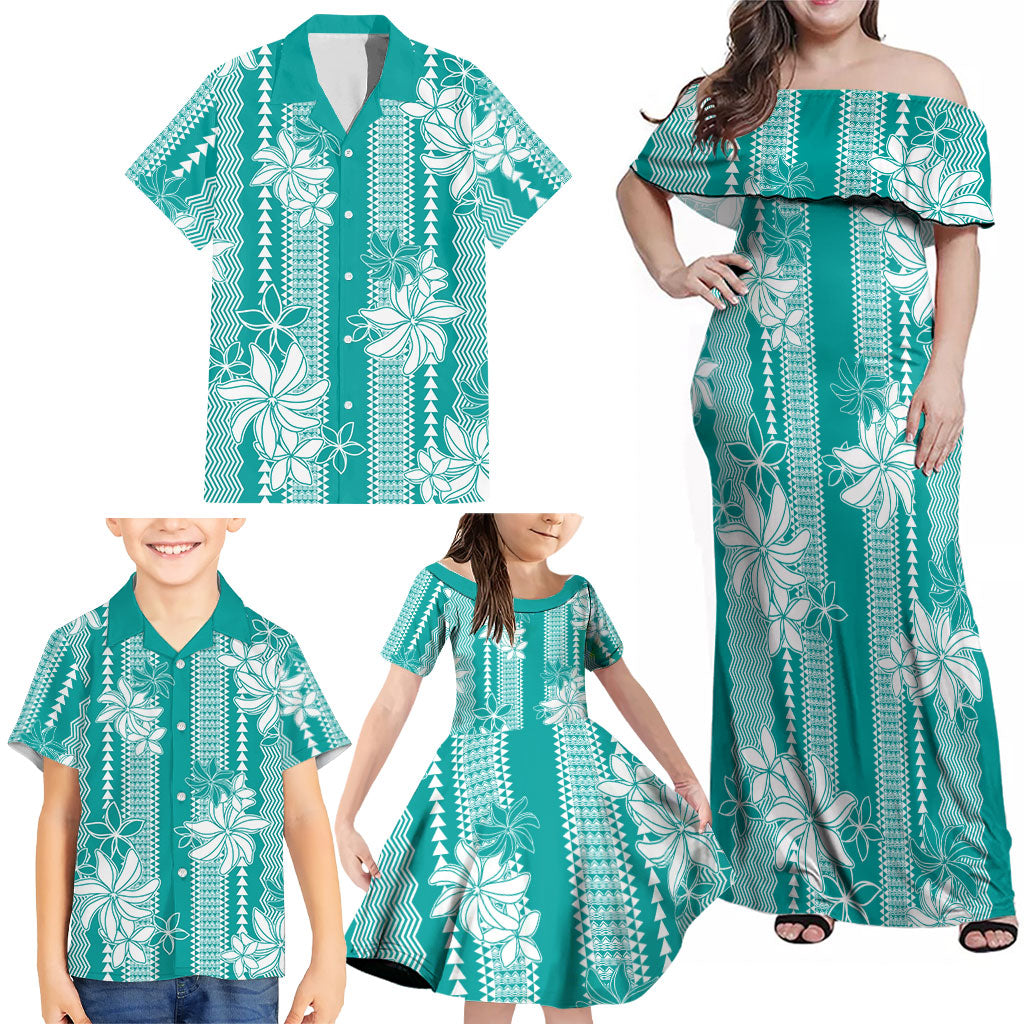 Hawaii Kakau Tribal Family Matching Off Shoulder Maxi Dress and Hawaiian Shirt With Teal Tiare LT05 - Polynesian Pride