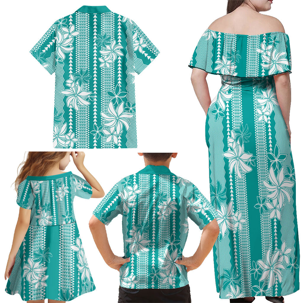 Hawaii Kakau Tribal Family Matching Off Shoulder Maxi Dress and Hawaiian Shirt With Teal Tiare LT05 - Polynesian Pride