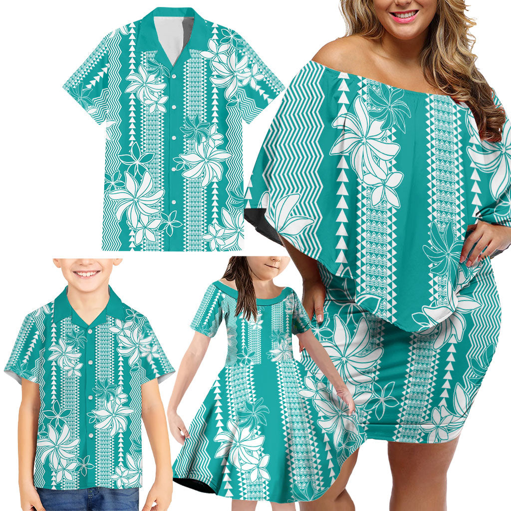 Hawaii Kakau Tribal Family Matching Off Shoulder Short Dress and Hawaiian Shirt With Teal Tiare LT05 - Polynesian Pride