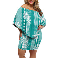 Hawaii Kakau Tribal Family Matching Off Shoulder Short Dress and Hawaiian Shirt With Teal Tiare LT05 Mom's Dress Teal - Polynesian Pride