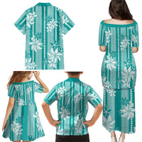 Hawaii Kakau Tribal Family Matching Puletasi and Hawaiian Shirt With Teal Tiare LT05 - Polynesian Pride