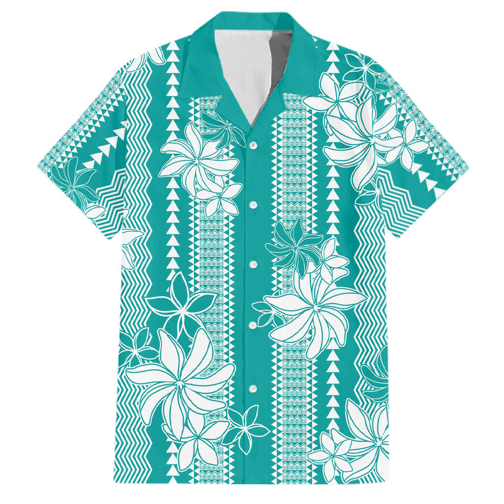 Hawaii Kakau Tribal Family Matching Puletasi and Hawaiian Shirt With Teal Tiare LT05 Dad's Shirt - Short Sleeve Teal - Polynesian Pride