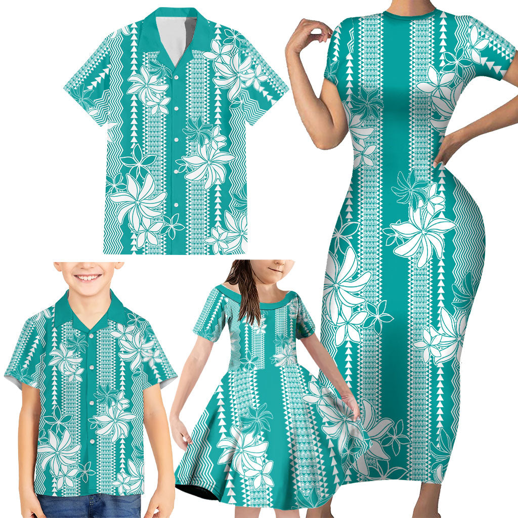Hawaii Kakau Tribal Family Matching Short Sleeve Bodycon Dress and Hawaiian Shirt With Teal Tiare LT05 - Polynesian Pride