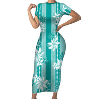 Hawaii Kakau Tribal Family Matching Short Sleeve Bodycon Dress and Hawaiian Shirt With Teal Tiare LT05 Mom's Dress Teal - Polynesian Pride