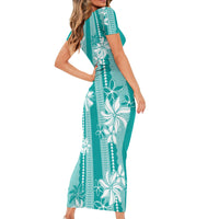 Hawaii Kakau Tribal Family Matching Short Sleeve Bodycon Dress and Hawaiian Shirt With Teal Tiare LT05 - Polynesian Pride