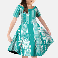 Hawaii Kakau Tribal Family Matching Summer Maxi Dress and Hawaiian Shirt With Teal Tiare LT05 Daughter's Dress Teal - Polynesian Pride