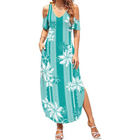 Hawaii Kakau Tribal Family Matching Summer Maxi Dress and Hawaiian Shirt With Teal Tiare LT05 Mom's Dress Teal - Polynesian Pride