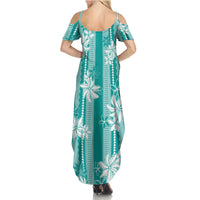 Hawaii Kakau Tribal Family Matching Summer Maxi Dress and Hawaiian Shirt With Teal Tiare LT05 - Polynesian Pride