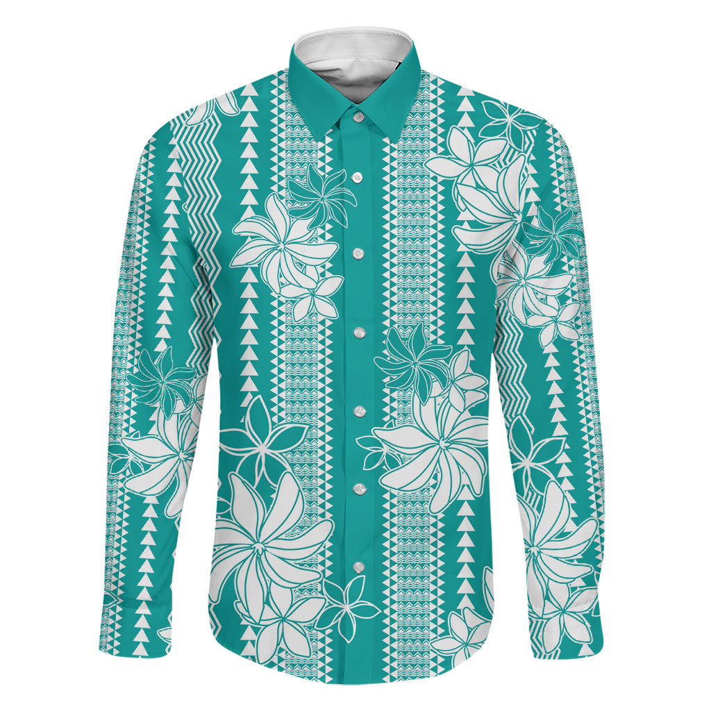 Hawaii Kakau Tribal Family Matching Tank Maxi Dress and Hawaiian Shirt With Teal Tiare LT05 Dad's Shirt - Long Sleeve Teal - Polynesian Pride
