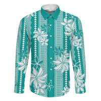 Hawaii Kakau Tribal Family Matching Tank Maxi Dress and Hawaiian Shirt With Teal Tiare LT05 Dad's Shirt - Long Sleeve Teal - Polynesian Pride