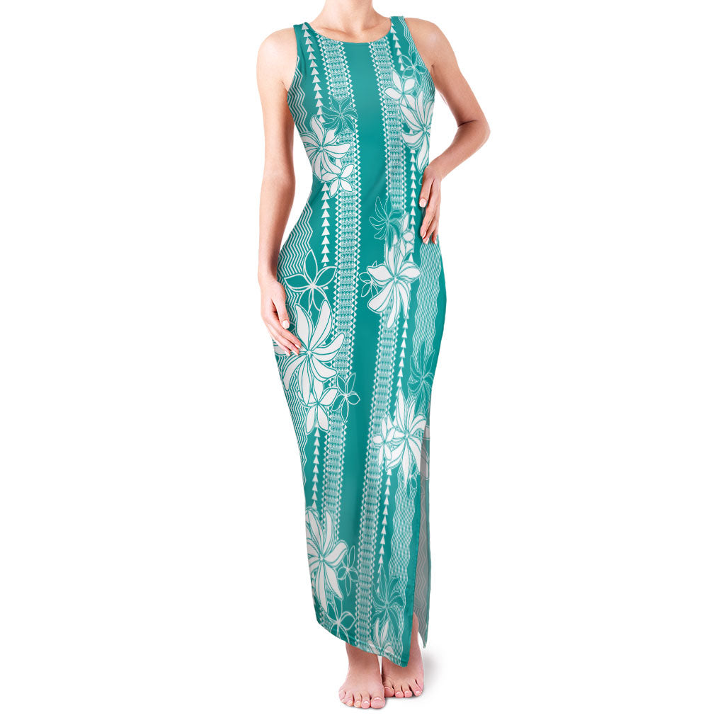 Hawaii Kakau Tribal Family Matching Tank Maxi Dress and Hawaiian Shirt With Teal Tiare LT05 Mom's Dress Teal - Polynesian Pride