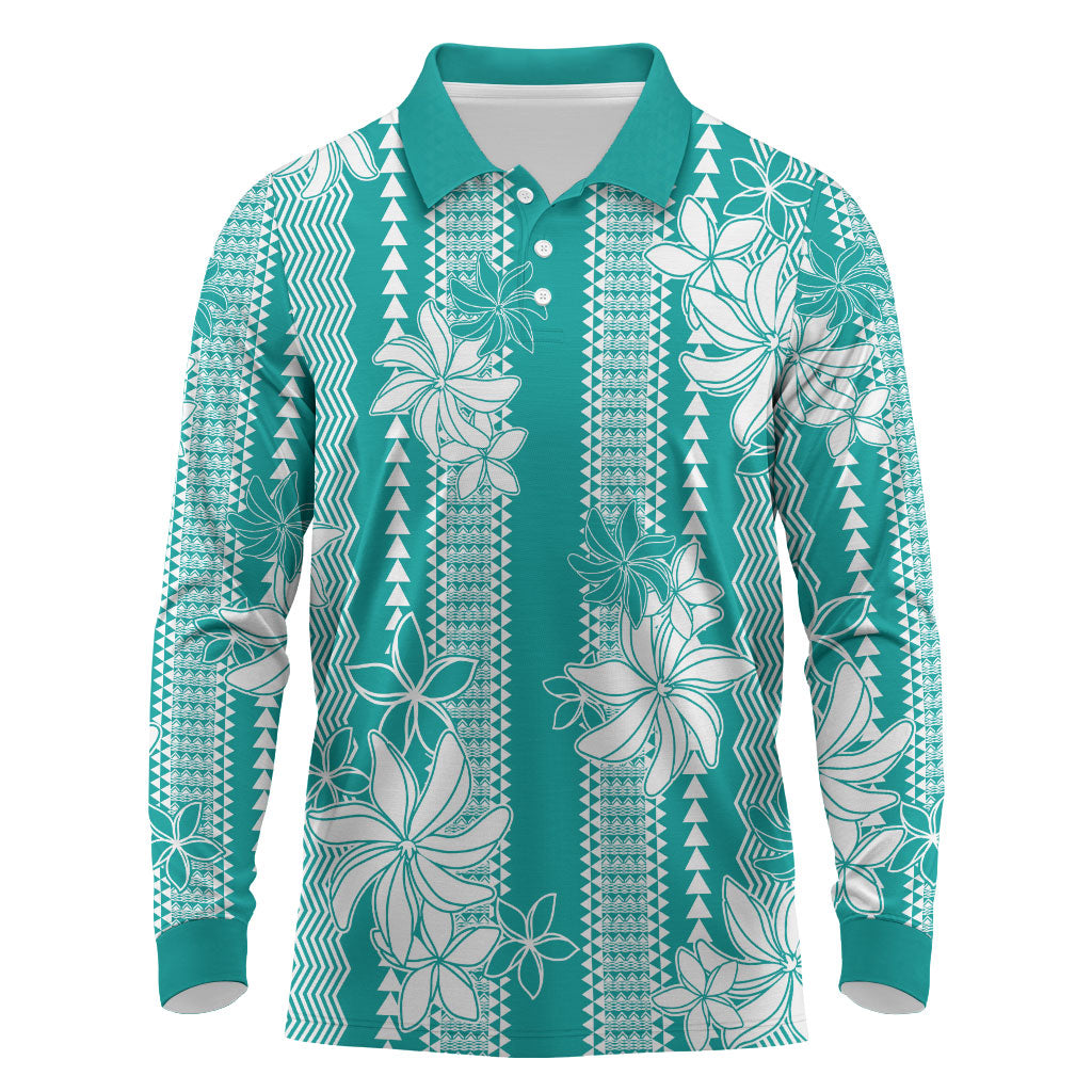 Hawaii Kakau Tribal Long Sleeve Polo Shirt With Teal Tiare LT05 Teal - Polynesian Pride