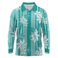 Hawaii Kakau Tribal Long Sleeve Polo Shirt With Teal Tiare LT05 Teal - Polynesian Pride