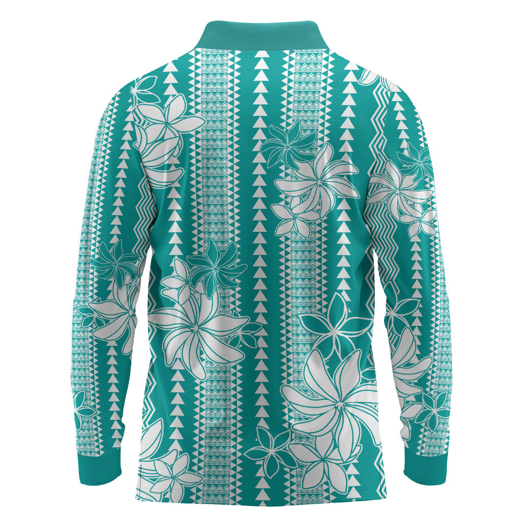 Hawaii Kakau Tribal Long Sleeve Polo Shirt With Teal Tiare LT05 - Polynesian Pride