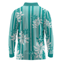 Hawaii Kakau Tribal Long Sleeve Polo Shirt With Teal Tiare LT05 - Polynesian Pride