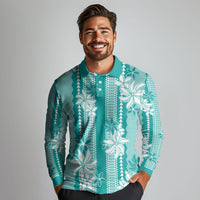 Hawaii Kakau Tribal Long Sleeve Polo Shirt With Teal Tiare LT05 - Polynesian Pride