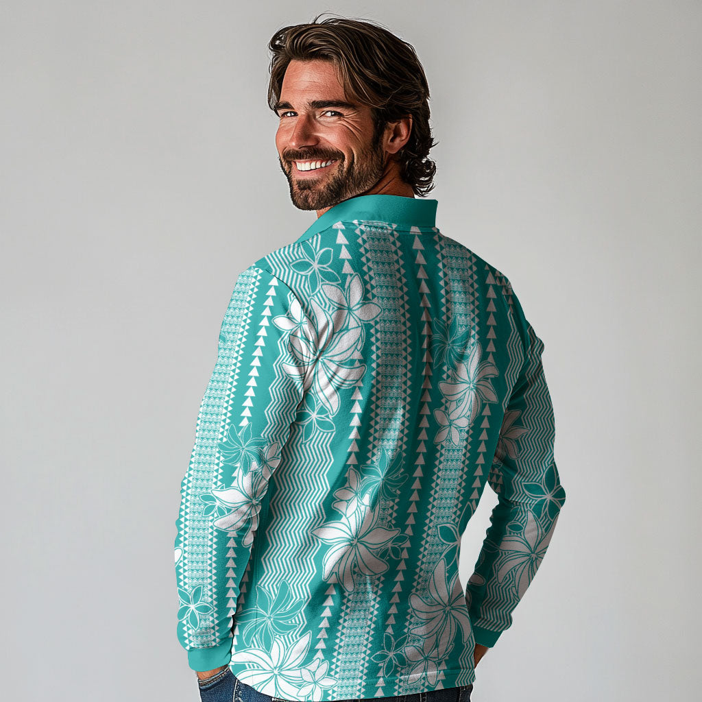 Hawaii Kakau Tribal Long Sleeve Polo Shirt With Teal Tiare LT05 - Polynesian Pride